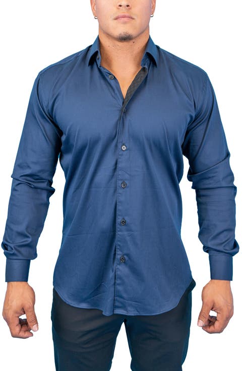 Fibonacci Dark Denim Blue Contemporary Fit Button-Up Shirt