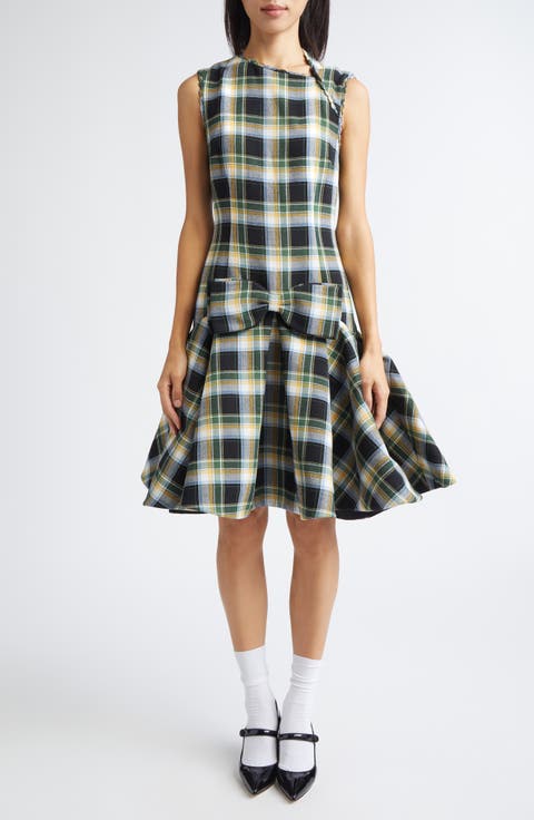 Plaid Asymmetric Neck Dress
