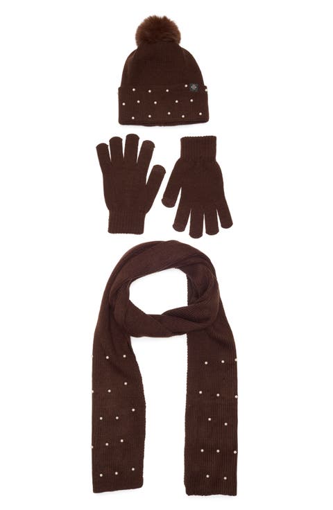 3-Piece Faux Pearl Scarf, Beanie & Gloves Set