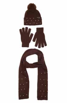 Nanette Lepore 3-Piece Faux Pearl Scarf, Beanie & Gloves Set