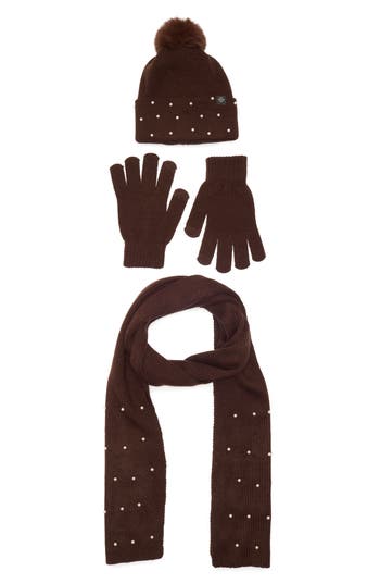 Nanette Lepore 3-piece Faux Pearl Scarf, Beanie & Gloves Set In Brown
