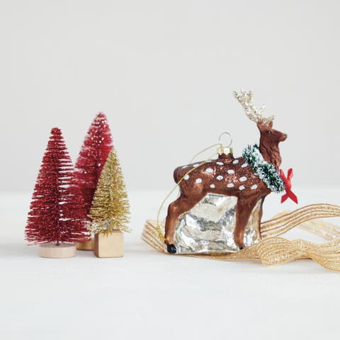 Glittered Glass Deer Ornament with Festive Wreath