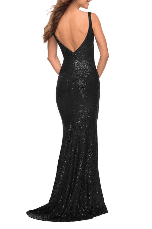 La Femme Long Stretch Sequin Gown With Low Back In Black
