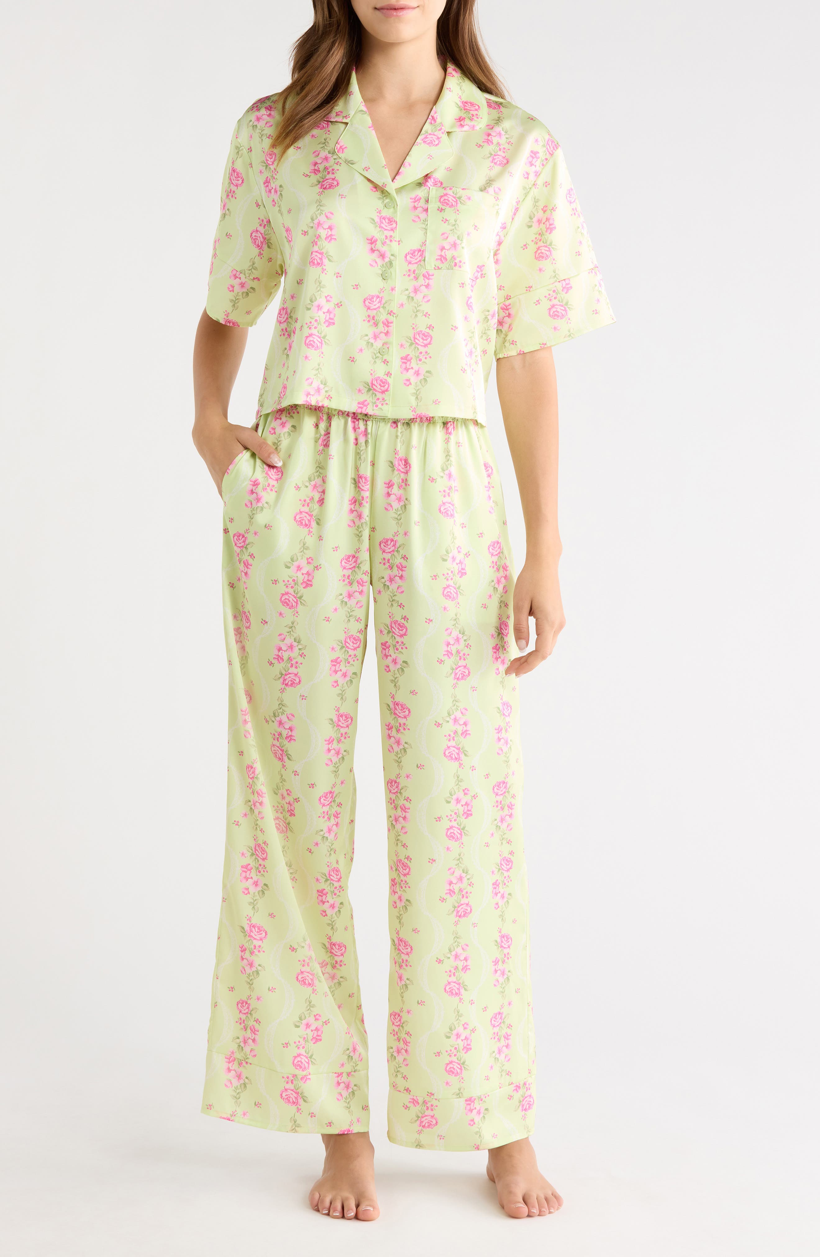 GREEN T- PINK FLORAL LACE