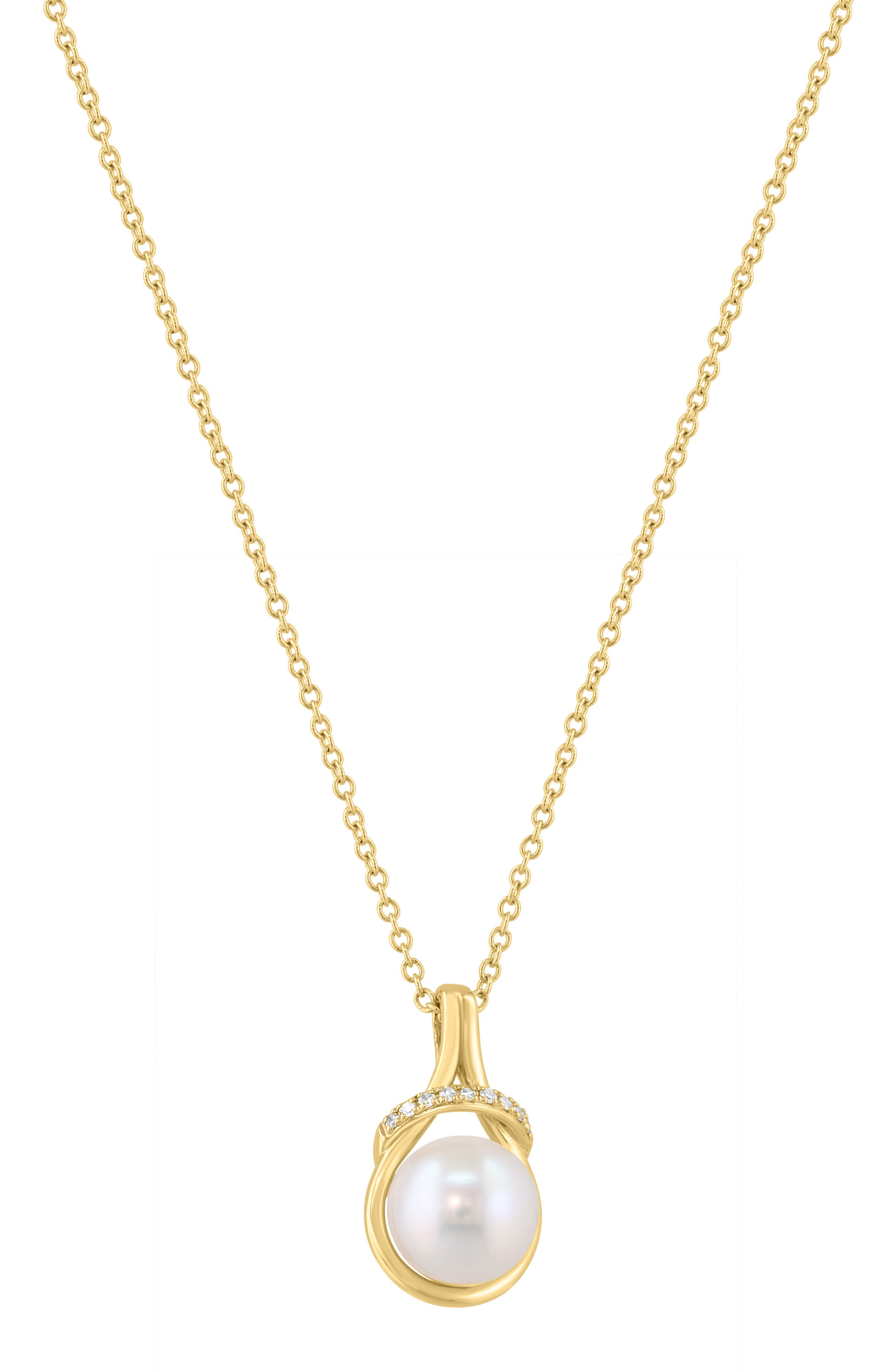 Gold Plated Sterling Silver Pearl and Diamond Pendant Necklace