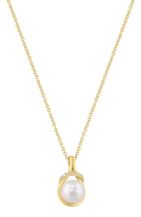 Gold Plated Sterling Silver Pearl and Diamond Pendant Necklace