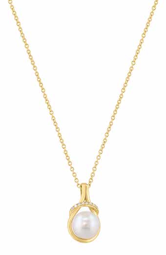 Gold Plated Sterling Silver Pearl and Diamond Pendant Necklace