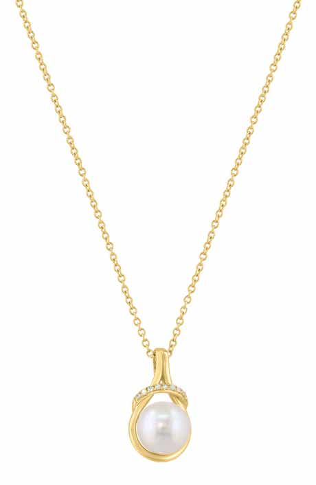 Gold Plated Sterling Silver Pearl and Diamond Pendant Necklace