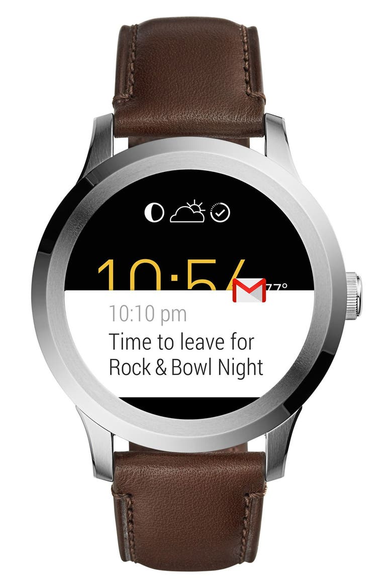 Founder Leather Strap Digital Smart Watch, 46mm, Alternate, color, DARK BROWN/ GREY
