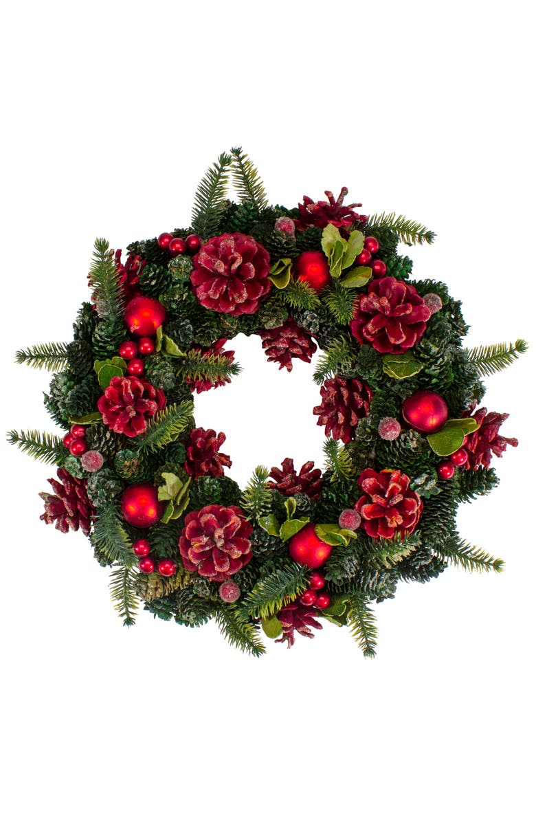 Northlight Red Pine Cones and Ornaments Christmas Wreath, 13" - Unlit, Main, color, Green