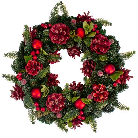 Red  Pine Cones and Ornaments Christmas Wreath, 13" - Unlit