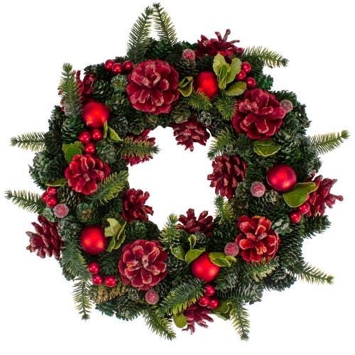 Northlight Red Pine Cones And Ornaments Christmas Wreath, 13" In Multi