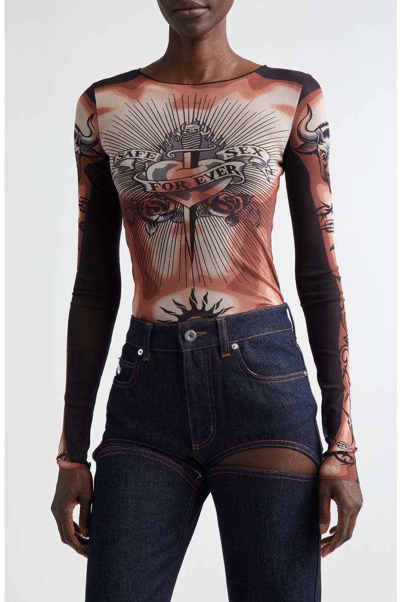 Re-Edition Tattoo Trompe l'Oeil Long Sleeve Mesh Top (Women