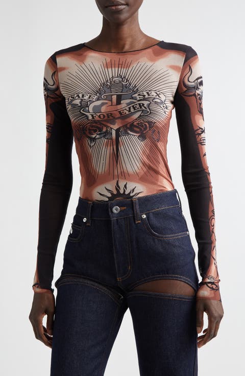Re-Edition Tattoo Trompe l'Oeil Long Sleeve Mesh Top