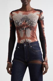 Jean Paul Gaultier Re-Edition Tattoo Trompe l'Oeil Long Sleeve Mesh Top