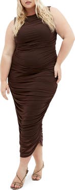 City Chic Halo Sleeveless Ruched Mesh Dress