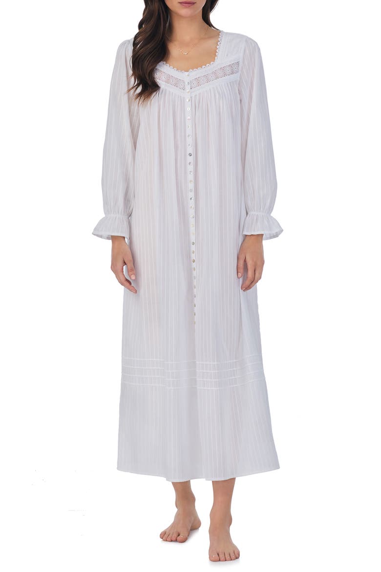 Long Sleeve Cotton Dobby Nightgown, Main, color, WHITE