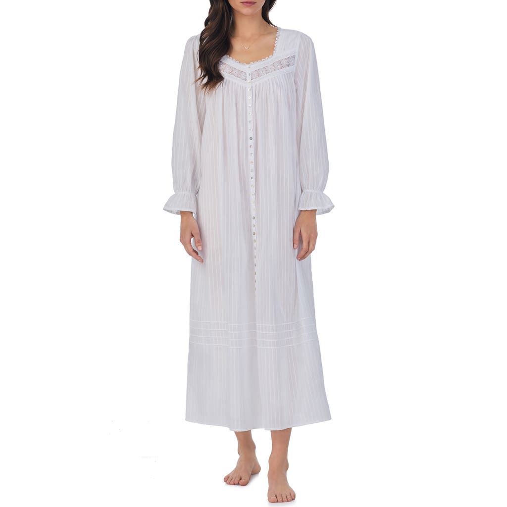 Eileen West Long Sleeve Cotton Dobby Nightgown in White at Nordstrom, Size Small