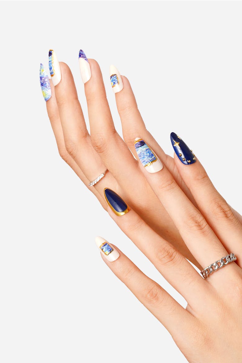 Van Gogh The Starry Night Almond Press On Nails, Alternate, color, Blue