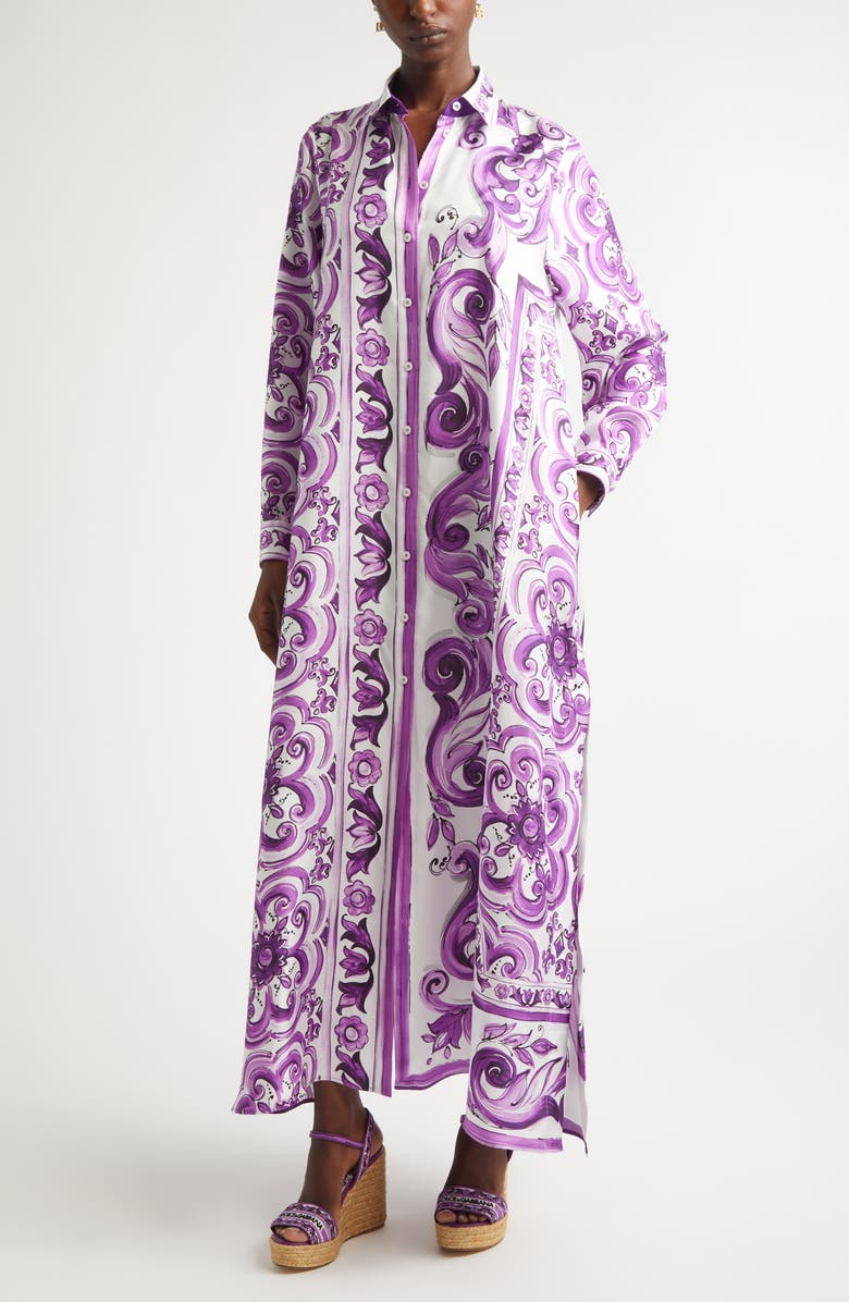 Dolce&Gabbana Majolica Print Long Sleeve Silk Shirtdress, Alternate, color, Ip3tn Mix Maiolica Viola