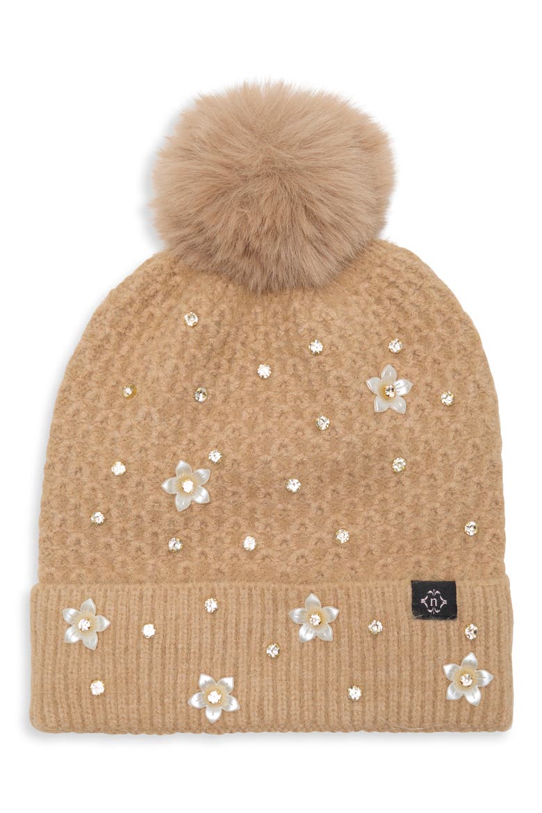 Pearl Stud Beanie with Faux Fur Pom, Main, color, TAUPE