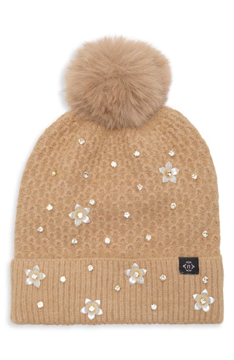 Pearl Stud Beanie with Faux Fur Pom