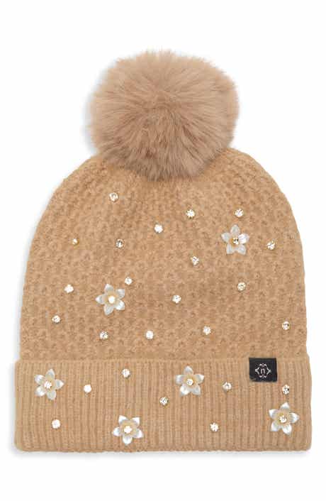 Pearl Stud Beanie with Faux Fur Pom