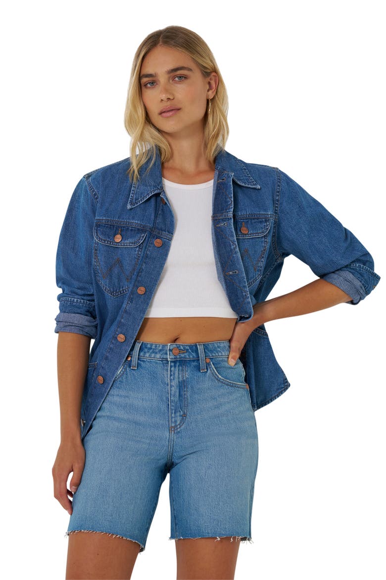Cowboy Cutoff Denim Longline Shorts, Alternate, color, RIYAH