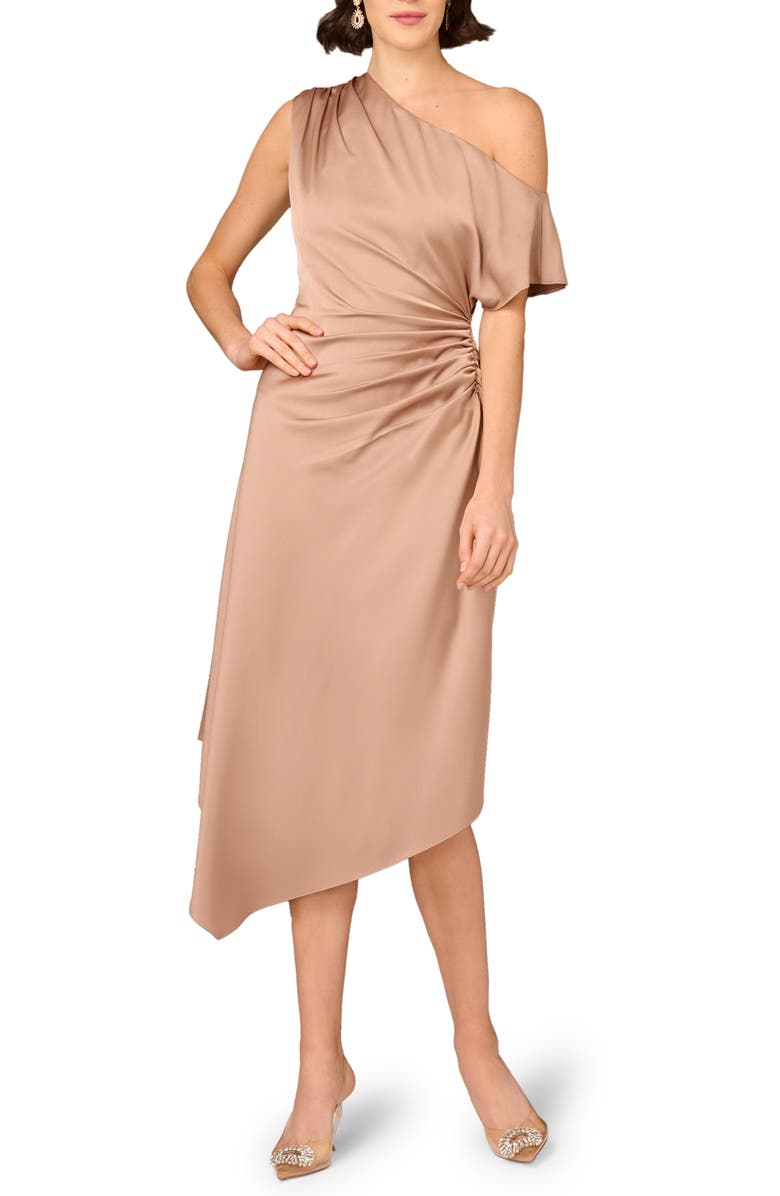 Aidan Mattox Ruched Crepe Back Satin Cocktail Dress, Main, color, Cafe Mocha