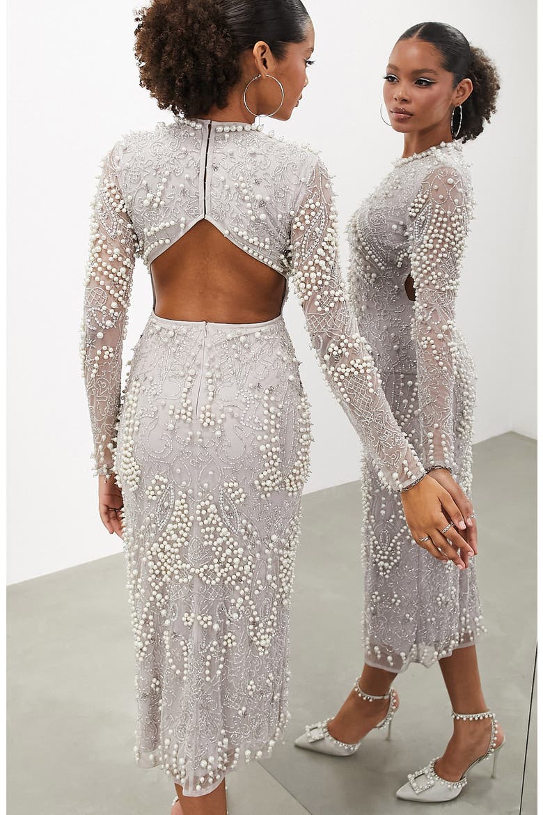 Imitation Pearl & Crystal Long Sleeve Midi Dress, Alternate, color, GREY
