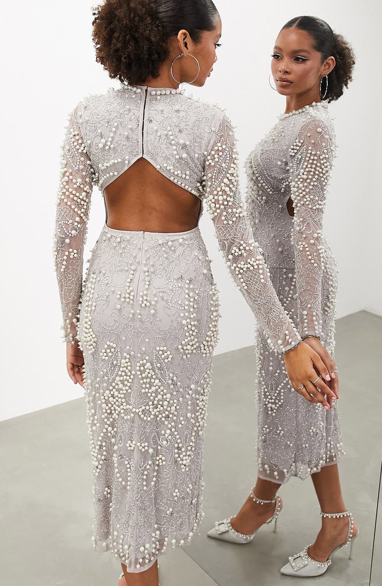 ASOS DESIGN Imitation Pearl & Crystal Long Sleeve Midi Dress, Alternate, color,