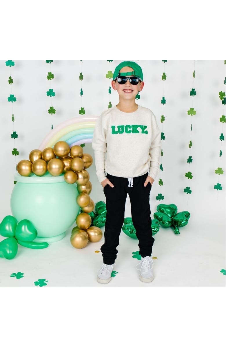 Sweet Wink Lucky Varsity Patch St. Patrick's Day Sweatshirt, Alternate, color, Natural Heather