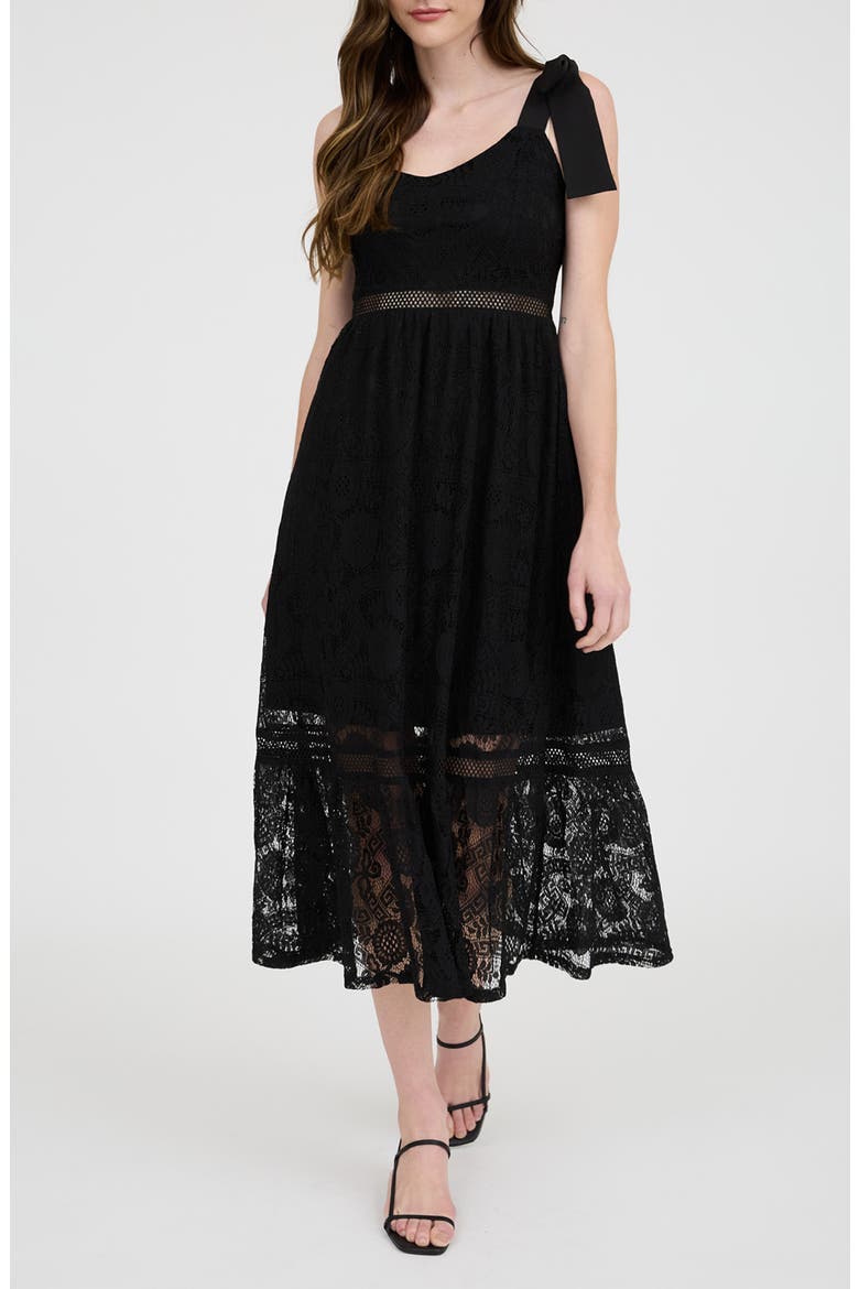 Tie Shoulder Lace Midi Dress, Main, color, BLACK