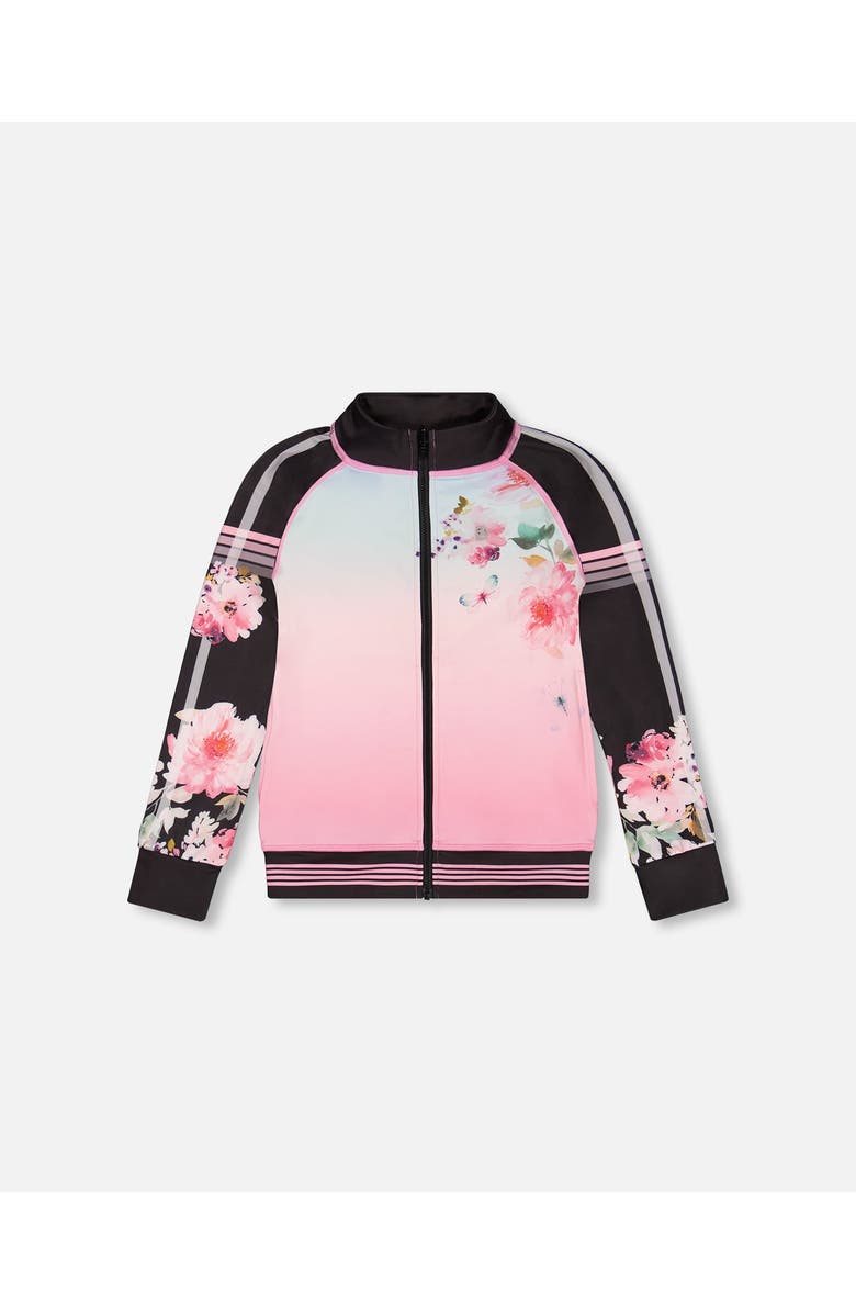 Deux par Deux Little Girl's Athletic Jacket Gradient Pink Printed Big Flowers, Main, color, 