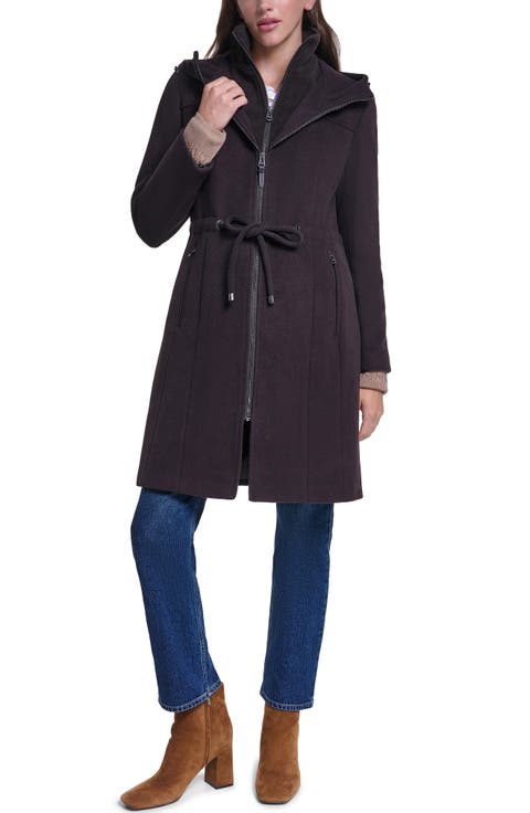 Hooded Wool Blend Zip Up Coat