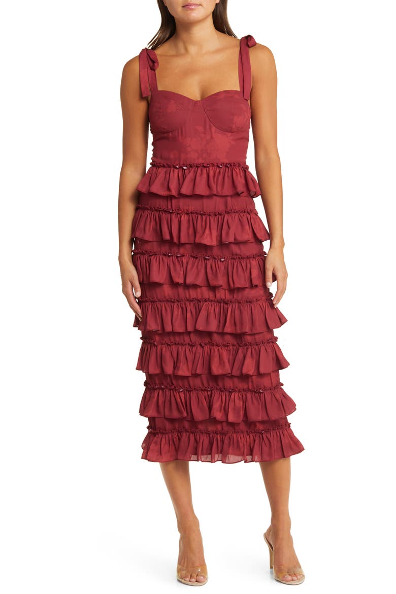 Masie Floral Tiered Ruffle Corset Dress, Main, color, BURGUNDY SHADOW