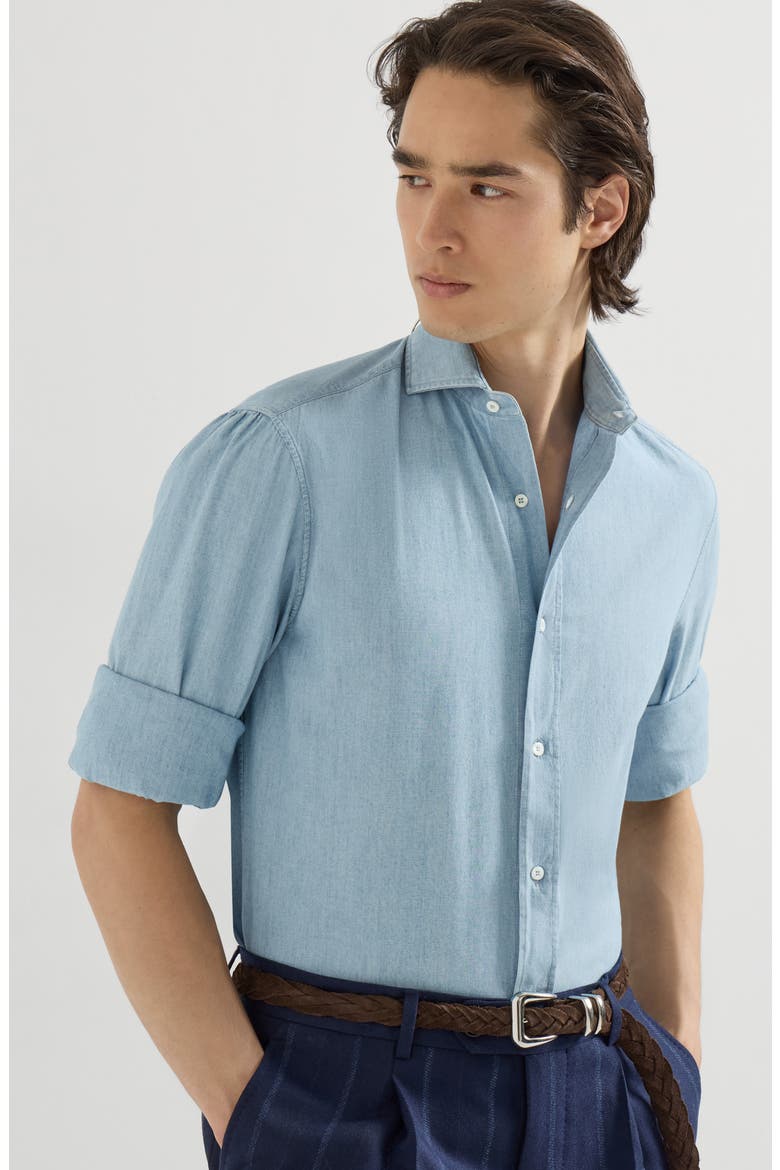 Denim-effect chambray shirt with spread collar, Alternate, color, Medium Denim