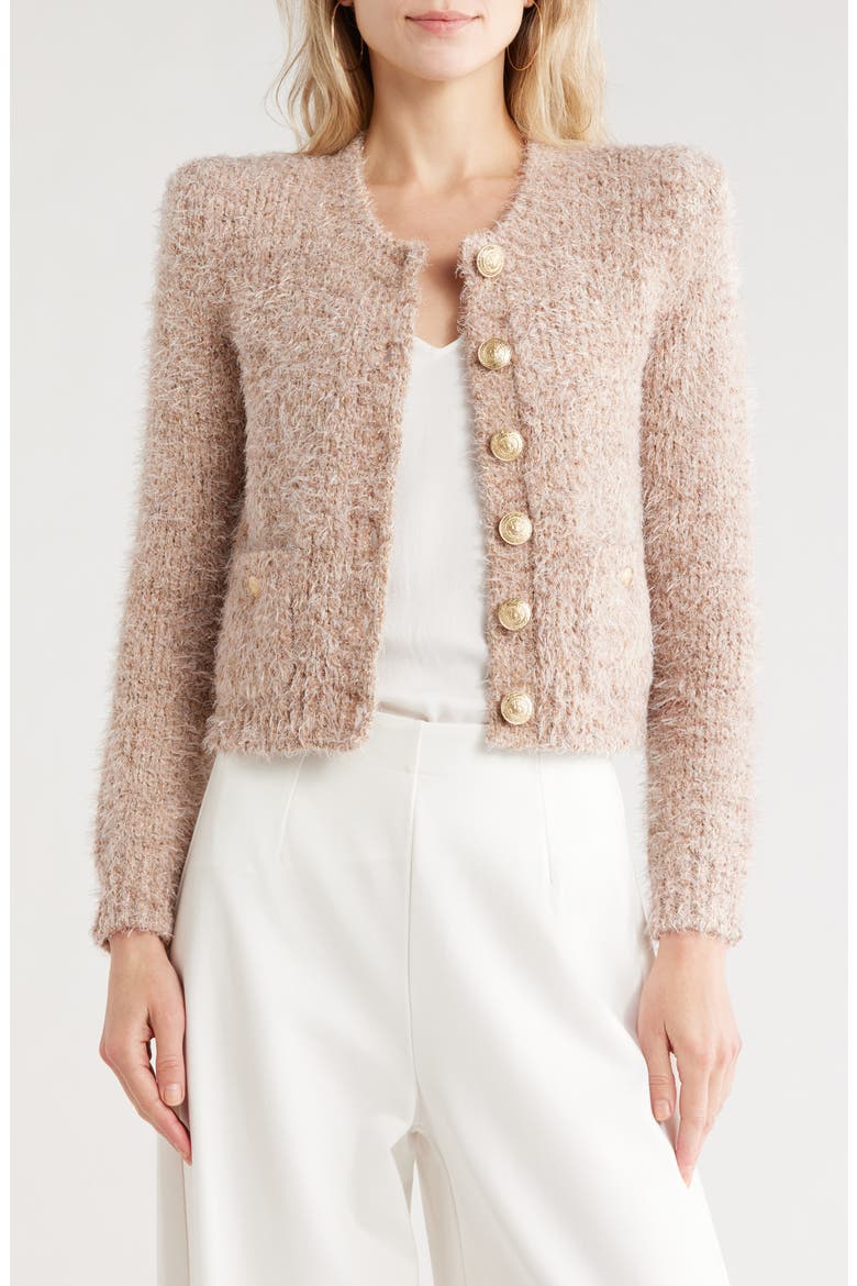 Una Crop Eyelash Tweed Cardigan, Main, color, DUSTY PINK MULTI