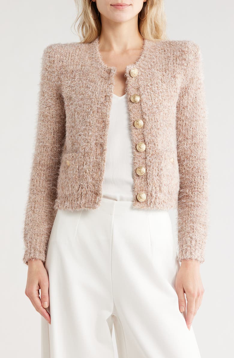 L'AGENCE Una Crop Eyelash Tweed Cardigan, Main, color, Dusty Pink Multi