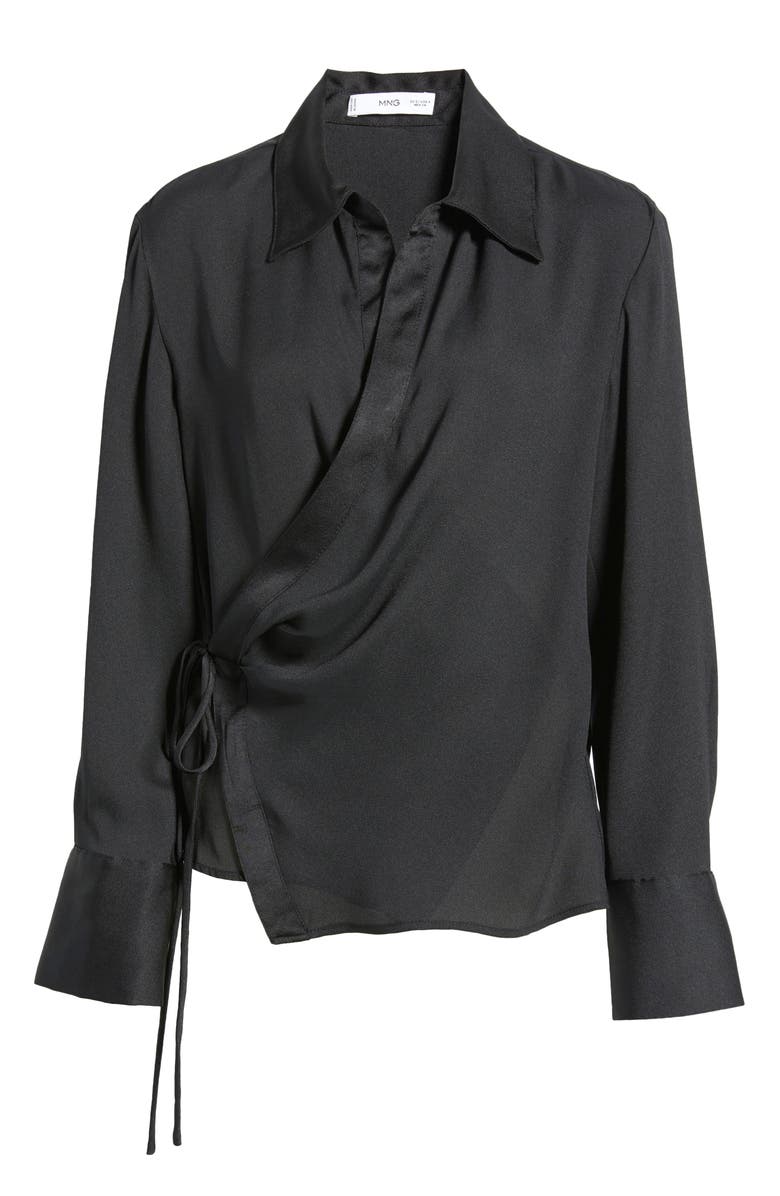 MANGO Rider Wrap Satin Shirt, Alternate, color, Black