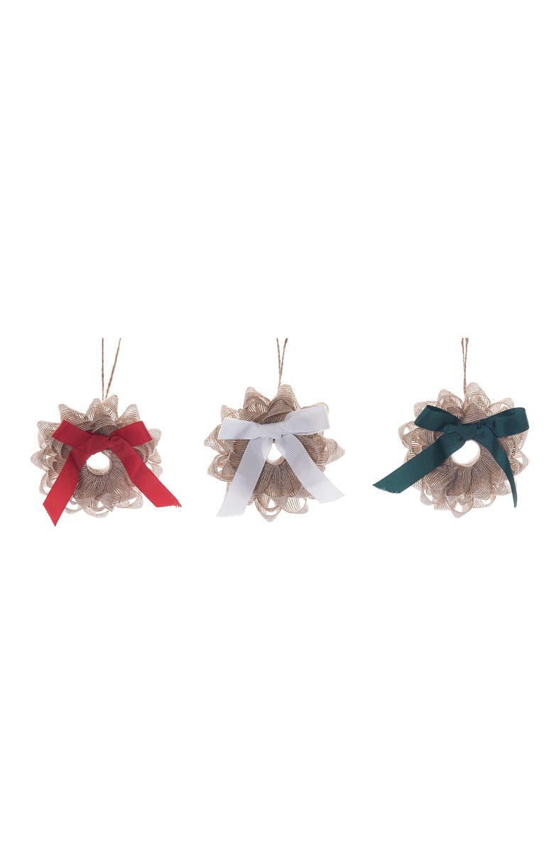 Transpac Burlap Ribbon Wreath Ornament Set of 3 Christmas Decor, Main, color, Multicolored