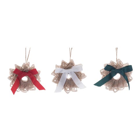 Burlap Ribbon Wreath Ornament Set of 3 Christmas Decor
