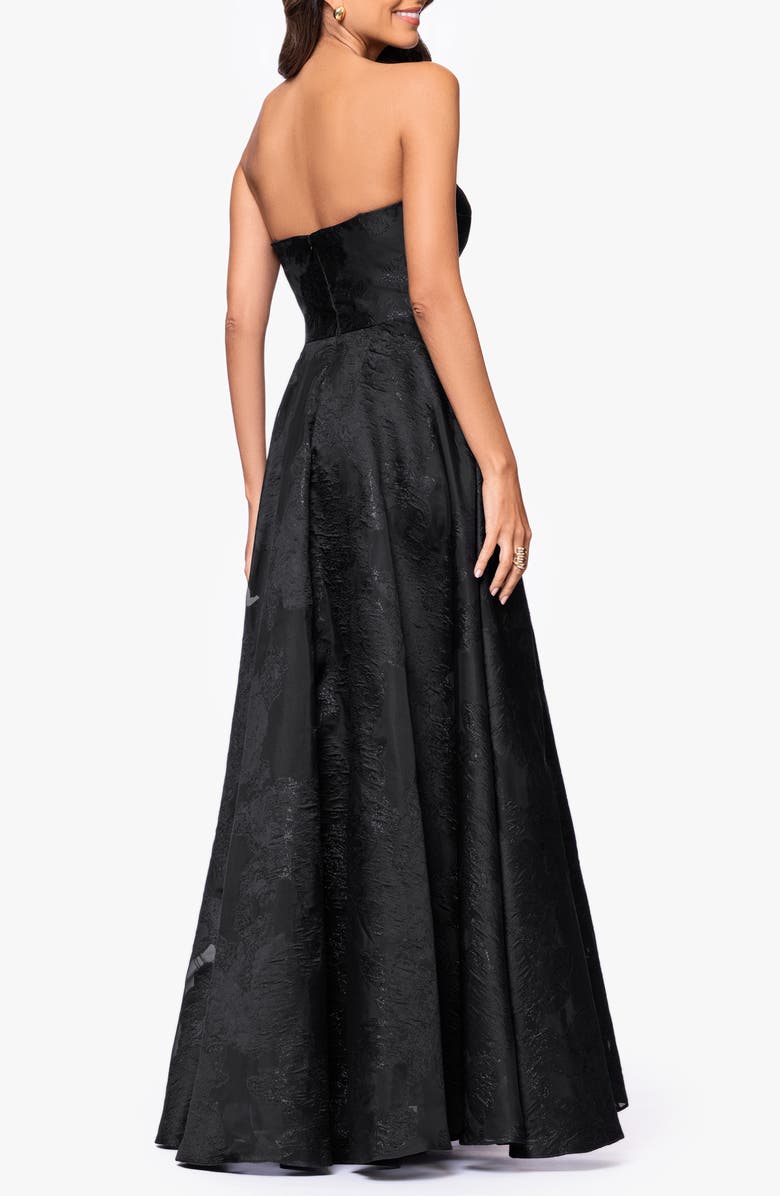 Betsy & Adam Floral Brocade Strapless Gown, Alternate, color, Black