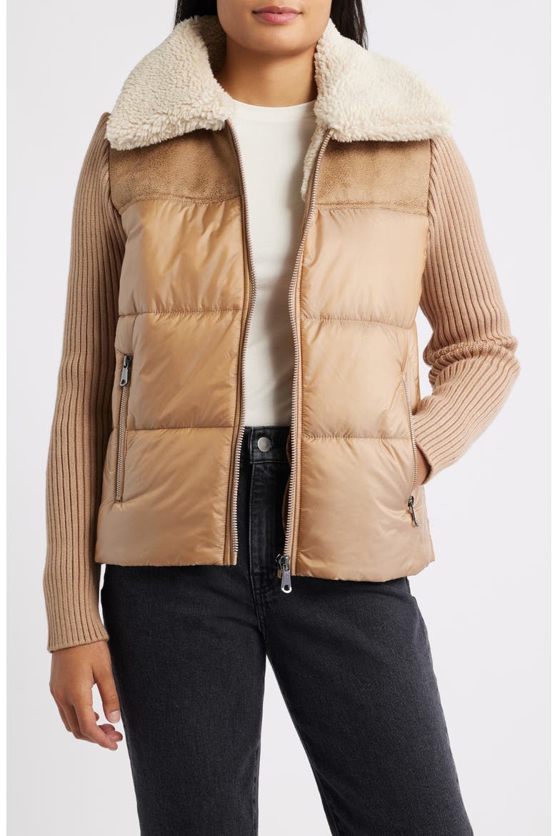 Breck EcoPlume™ Puffer Knit Jacket, Main, color, DARK TAUPE / TAN SHEARLING