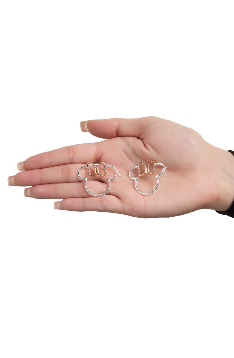 Disney Minnie Mouse Hoop Earrings for Women Official License, Sterling Silver Minnie Earrings with 18k Pink Gold Flash-Plated Bow, Alternate, color, Silver/ Rose Gold