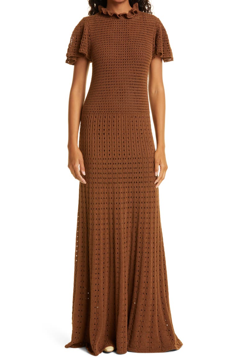 Flounce Sleeve Cotton Blend Crochet Maxi Dress, Main, color, CHOCOLATE