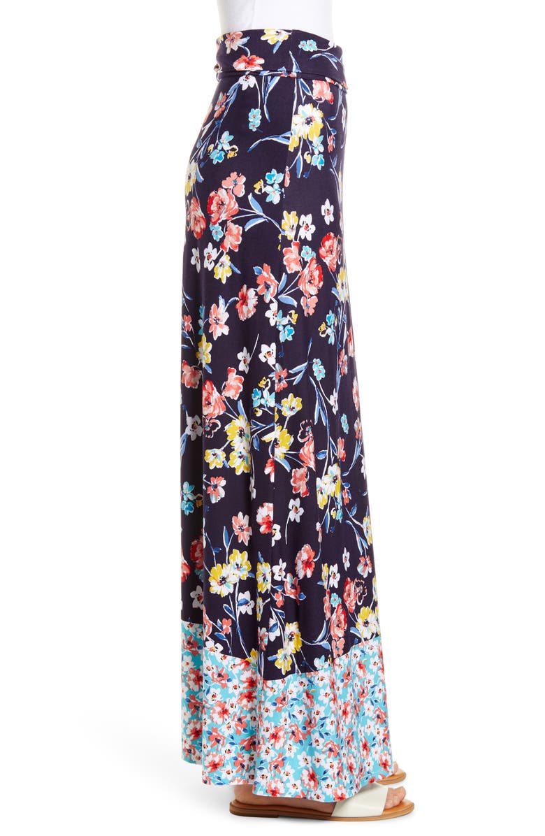 Loveappella Border Print Roll Top Maxi Skirt, Alternate, color, Navy Aqua