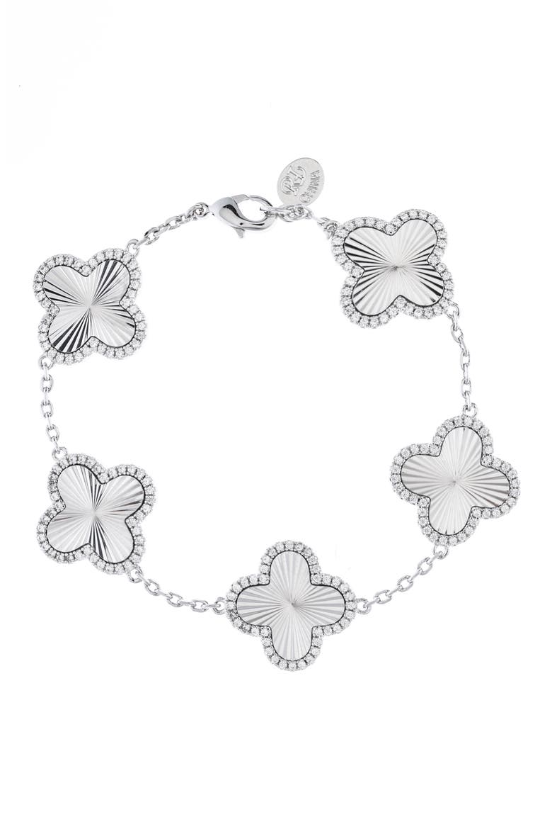 Pavé CZ Clover Station Bracelet, Main, color, WHITE RHODIUM / CZ