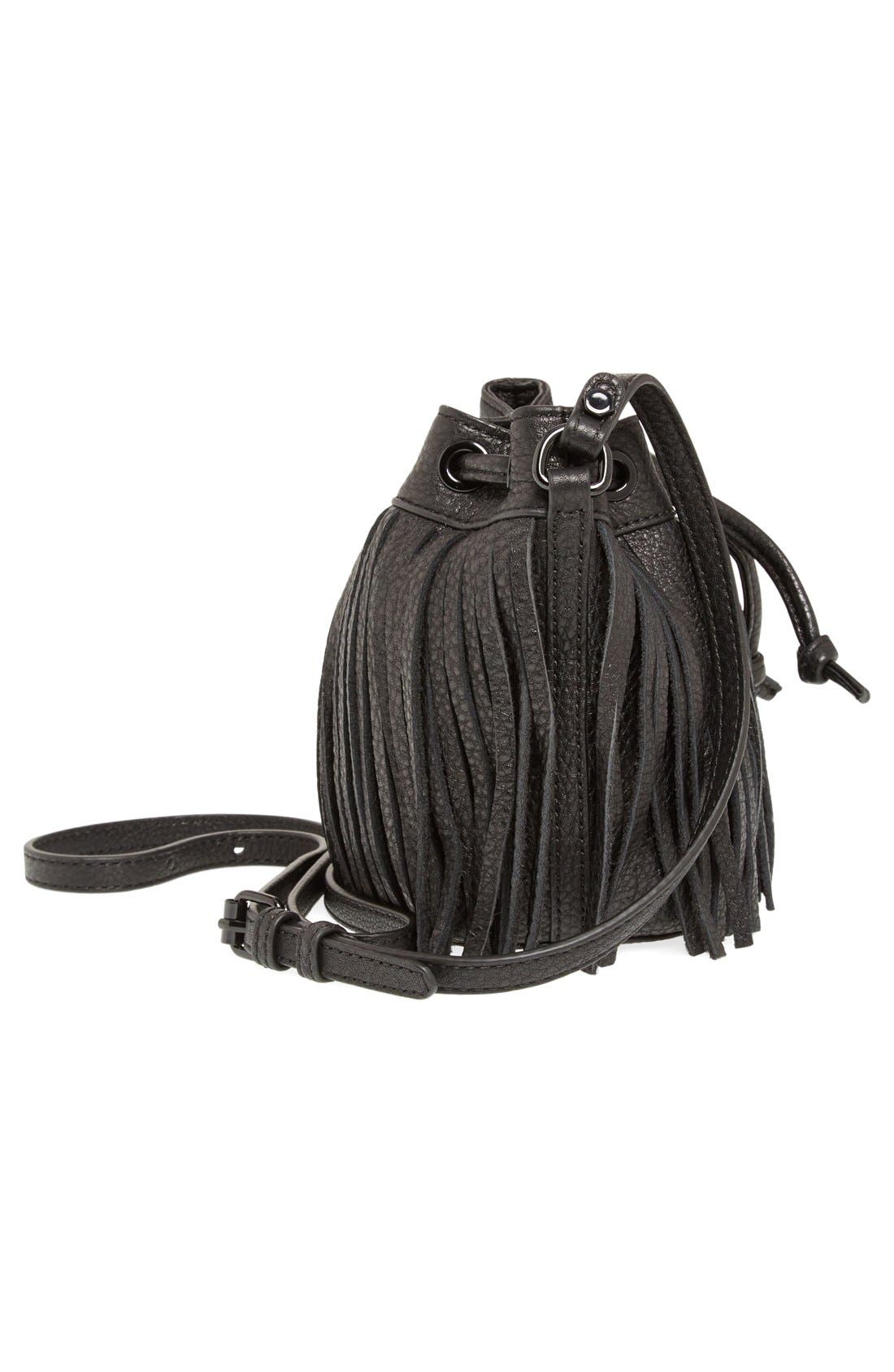 'Micro Lexi' Fringe Bucket Bag, Alternate, color, BLACK/ BLACK