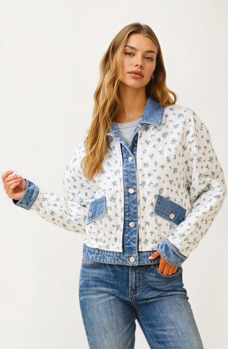 Knit and Lounge Quilted Floral Button-Front Denim-Trim Jacket, Main, color, 